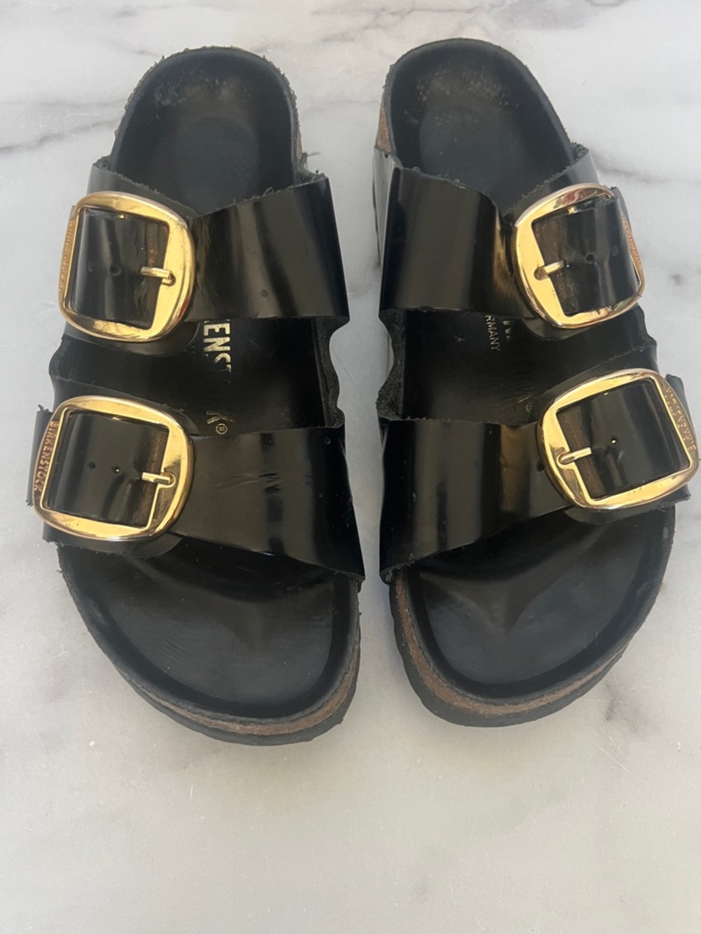 Birkenstock Black Big Buckle Patent Arizona Sandals with Gold Buckles